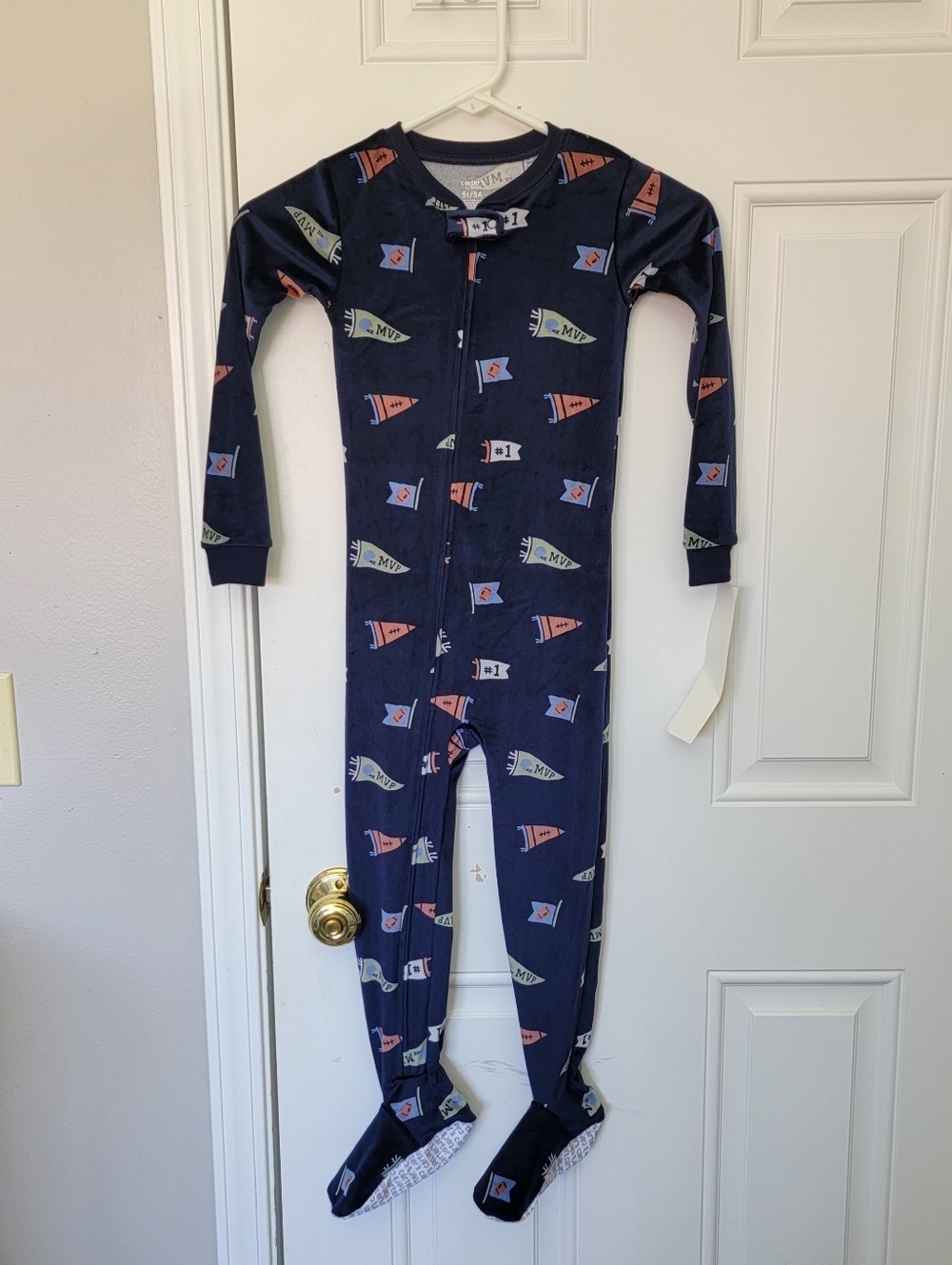 NWT Carter's Bedtime Velour One Piece Footed Pajamas Full Zip Football MVP 5T